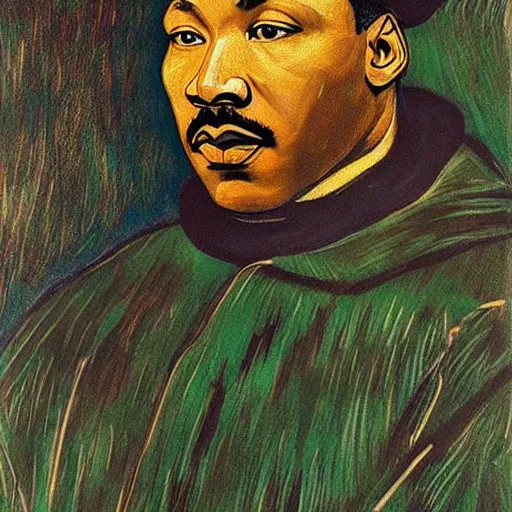 Image similar to an artistic portrait of martin luther king, high quality, studio photography, colorful, hero, heroic, beautiful, in the style of vincent van gogh