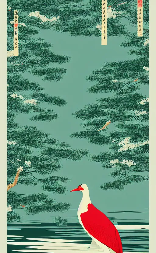 Prompt: hanafuda, grus japonensis looking around at a lake in the middle of japanese pines, front game card, vector line art, trending on artstation, concept art, stunning, matte