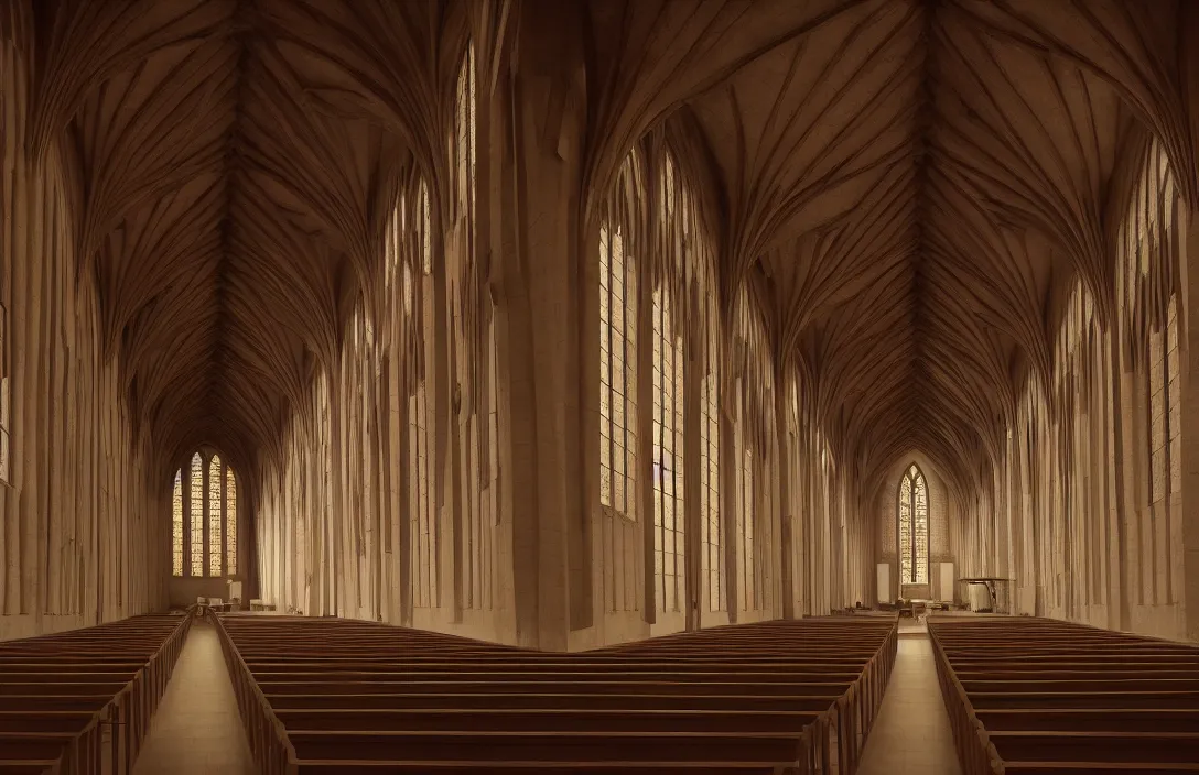 Image similar to in this church interior, vertical lines suggest spirituality, rising beyond human reach toward the heavens. low polygon count cloister quadrangle intact flawless ambrotype from 4 k criterion collection remastered cinematography gory horror film, ominous lighting, evil theme wow photo realistic postprocessing magic painting by rob gonsalves directed by kurosawa