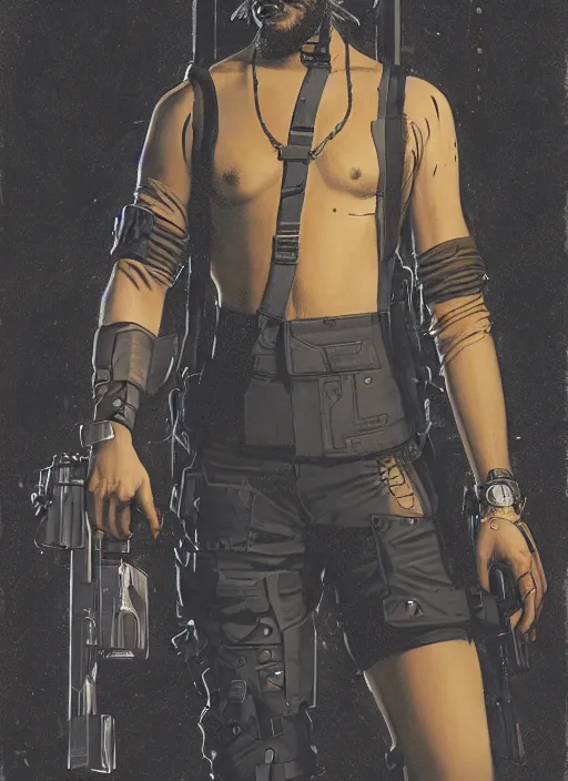 Image similar to menacing bearded cyberpunk mercenary in tactical harness and jumpsuit. dystopian. portrait by stonehouse and mœbius and will eisner and gil elvgren and pixar. realistic proportions. cyberpunk 2 0 7 7, apex, blade runner 2 0 4 9 concept art. cel shading. attractive face. thick lines.