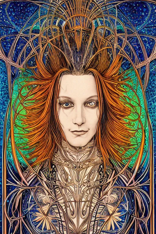 Image similar to A hyper-detailed, ultra-detailed, full-color photorealistic mixed media painting of Sandman Morpheus, perfectly symmetrical art nouveau portrait structure at night in the winter, full-color p. craig russell illustration in fineliner style,