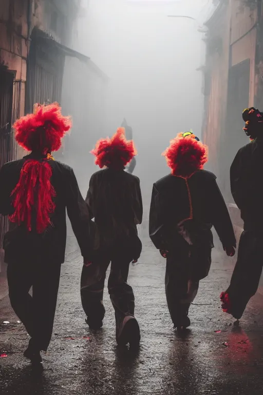 Prompt: a group of men dressed as clowns walking down a dark foggy alley