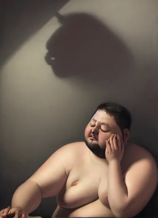 Image similar to insanely detailed chiaroscuro image of a sleepy - looking chubby casually - dressed programmer guy on his knees facing his glowing ultrawide monitor monitor begging it for forgiveness, oil on canvas, masterwork, fine detail, trending on artstation, emotive, insanely compelling, ryden, koons, moebius