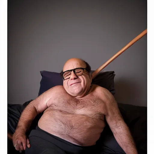 Prompt: Danny DeVito laying on a bed playing with his didgeridoo, cinematic, studio light, 8K,