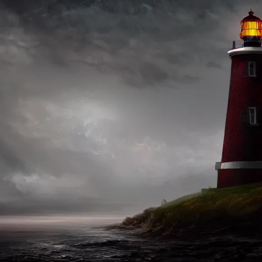 Image similar to beautiful digital painting about a scary light house glowing in the dark of a stormy night, trending on artstation, gloomy, moody, highly detailed