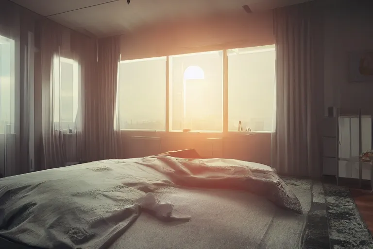 Image similar to a futuristic furnished bedroom with a large window at sunset, godrays, luxury furnish, white bed, complementary colors, warm lighting, path traced, highly detailed, high quality, concept art, 8k, calm, trending on Artstation