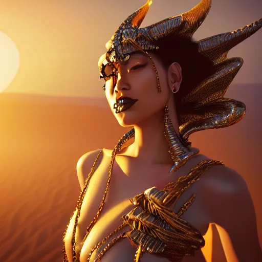 Image similar to giesha demon, innovative avant-garde art, deco fashion, asian women, highly detailed, photorealistic portrait, serene desert setting, golden hour, crisp quality and light reflections, unreal engine 5 quality render