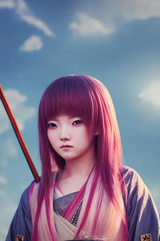 Image similar to highly detailed beautiful photo of a young female samurai, practising sword poses, symmetrical face, beautiful eyes, pink hair, realistic anime art style, 8 k, award winning photo, pastels colours, action photography, 1 / 1 2 5 shutter speed, sunrise lighting