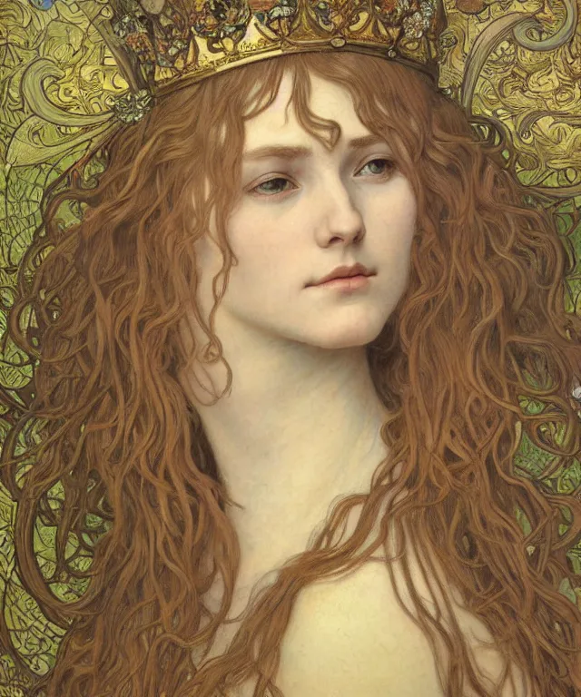Image similar to detailed realistic beautiful young medieval queen face portrait by jean delville, alphonse mucha, vincent van gogh, and marco mazzoni, art nouveau, symbolist, visionary, gothic, pre - raphaelite