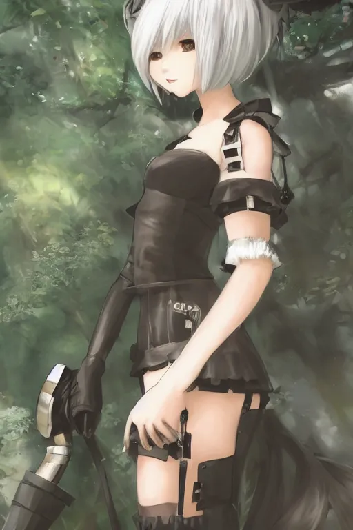 Image similar to beautiful portrait of 2B from nier automata, forest, junkyard, pretty, semi realistic anime, hyper detailed, 8k, DeviantArt, Instagram, Behance, Artstation, trending on artstation, Pixiv, Pixiv daily ranking, art of silverfox, Yee Chong Silverfox, Sydney Hanson, Mickael Lelièvre, Jaeyeon Nam, derevschikova, Elina Karimova