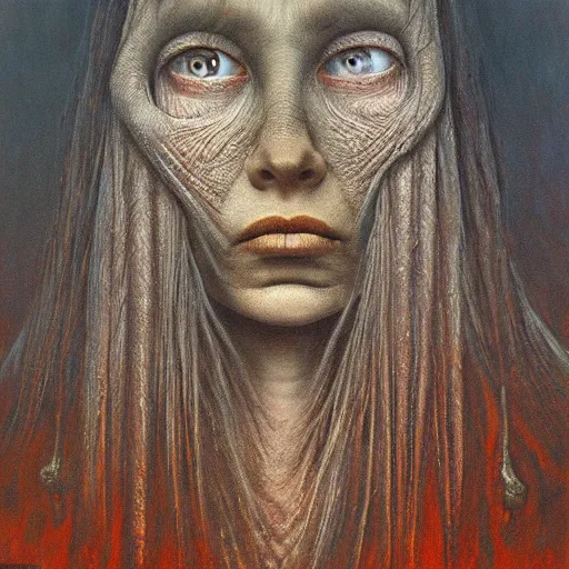 Image similar to Her eyes wide by Zdzislaw Beksinski, Jeffrey Smith and H.R. Giger, oil on canvas, 8k highly professionally detailed, trending on artstation