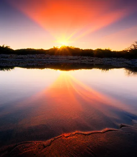 Prompt: sunrise over water, photographed with canon ef 1 4 mm f / 2. 8 l, award winning photography, fine art