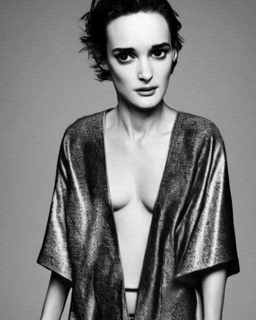 Prompt: gorgeous young winona ryder wearing a futuristic metal kimono, half body portrait, greg kutkowski, sharp details, soft lighting, subsurface scattering, pearls of sweat, glistening skin, warm lighting