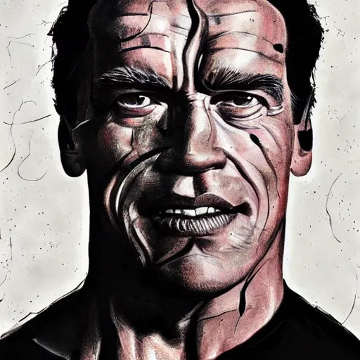 Image similar to arnold schwarzenegger as a villain fantasy, intricate, elegant, highly detailed, digital painting, artstation, concept art, matte, sharp focus, illustration, art by Nicola Samori and Conrad Roset and vincent van gogh, refined, masterpiece