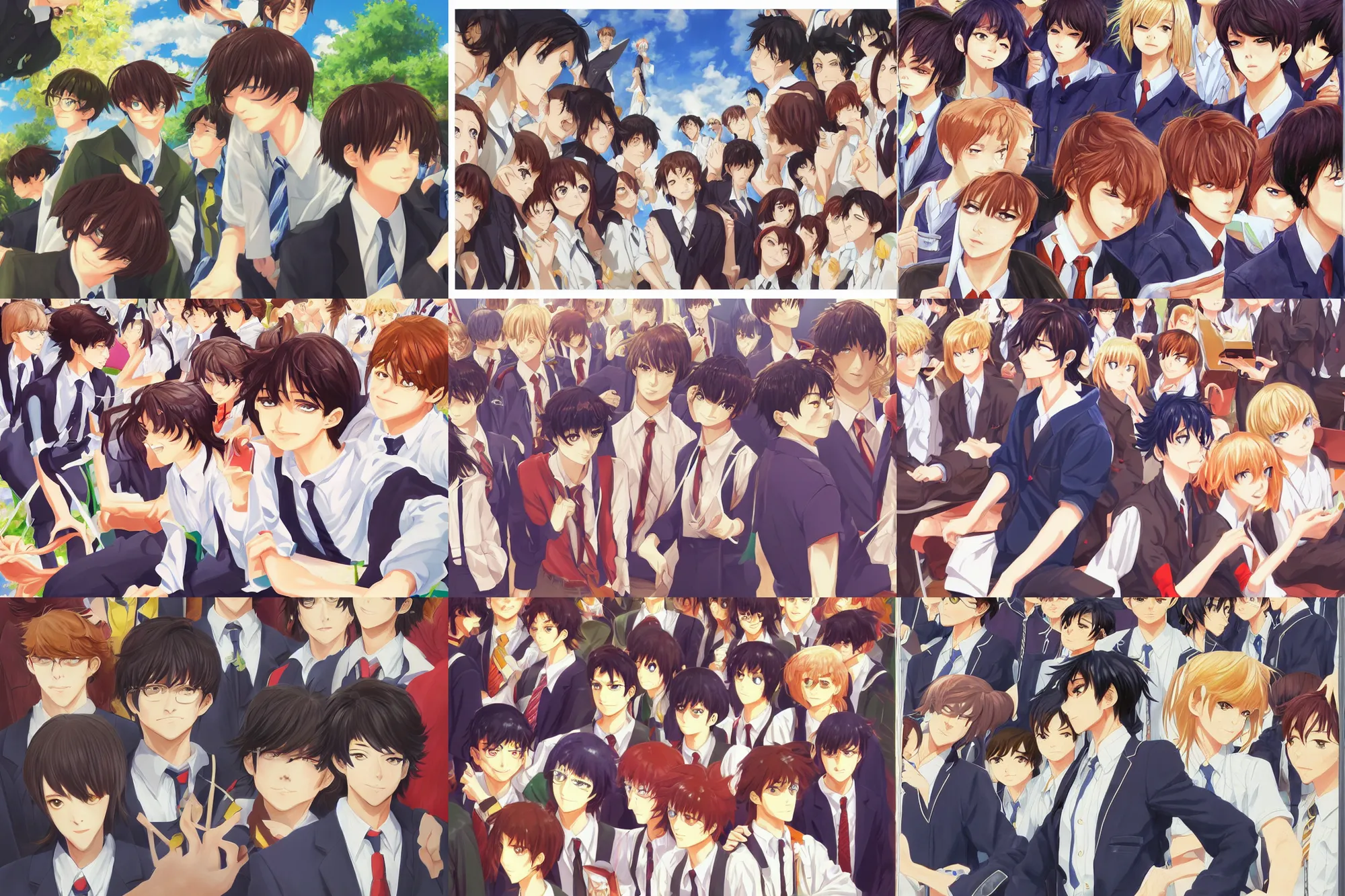 Prompt: high school classroom scene spring setting poster, expert high detail concept art, perfect proportions define face, handsome, colorful, sharp focus, realistic shaded lighting artistic, kazue kato, makoto shinkai, loish and clamp style, expert artist