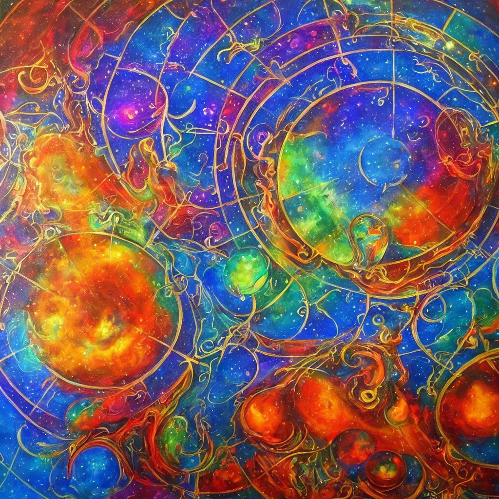 Prompt: great wheel cosmology divine realms celestial and infernal essence lunar mythos solar mythos, award winning painting, brilliant color palette
