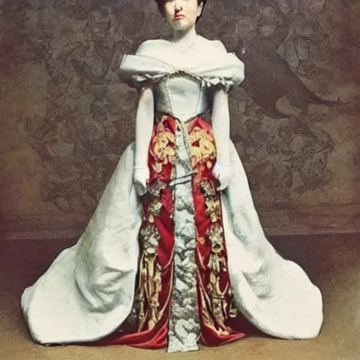 Prompt: A royal bridal ensemble is shown in a museum in a 1900s historical fantasy photograph that combines Russian and Japanese influences.