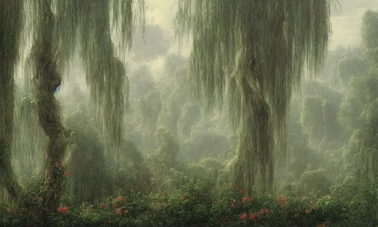 Image similar to weeping willows, misty garden, thomas cole, lord of the ring, intricate details