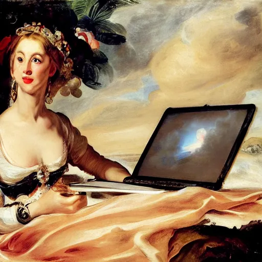 Image similar to heavenly summer sharp land sphere scallop well dressed lady working on her laptop auslese, by peter paul rubens and eugene delacroix and karol bak, hyperrealism, digital illustration, fauvist, looking at her imac laptop