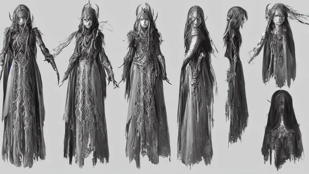 Image similar to concept art sheet, photorealistic symmetrical beautiful young female priestess with shiny hair wearing full intricate clothing, intricate, cg society, Elden Ring, darksouls, bloodborne