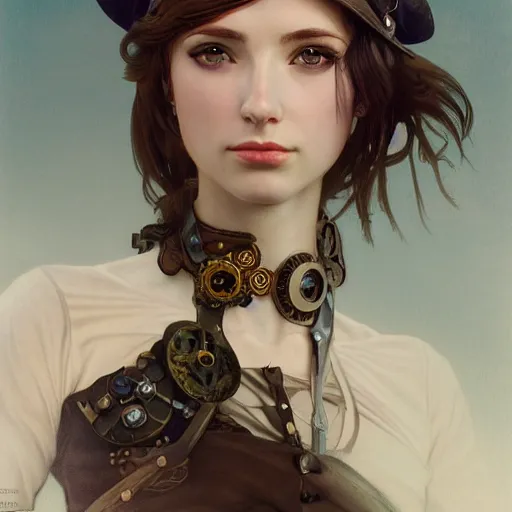Image similar to portrait of a young female steampunk fighter, headshot, hyper realistic, pale skin, 4k, rule of thirds, extreme detail, detailed drawing, trending artstation, hd, fantasy, D&D, realistic lighting, by Alphonse Mucha, Greg Rutkowski, sharp focus, backlit, elegant
