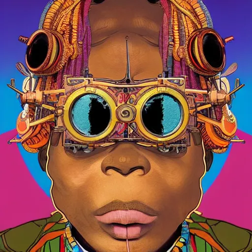 Image similar to colourful vfx upper half - portrait - art of a african tribal chief wearing steam punk goggles, art by utagawa kunisada, james jean & alphonse mucha, symmetrical, intricate detail, concept art, volumetric light, ray tracing, caricature, digital illustration, digital painting, octane 3 d render, unreal engine, sharp, pinterest, behance, art station,