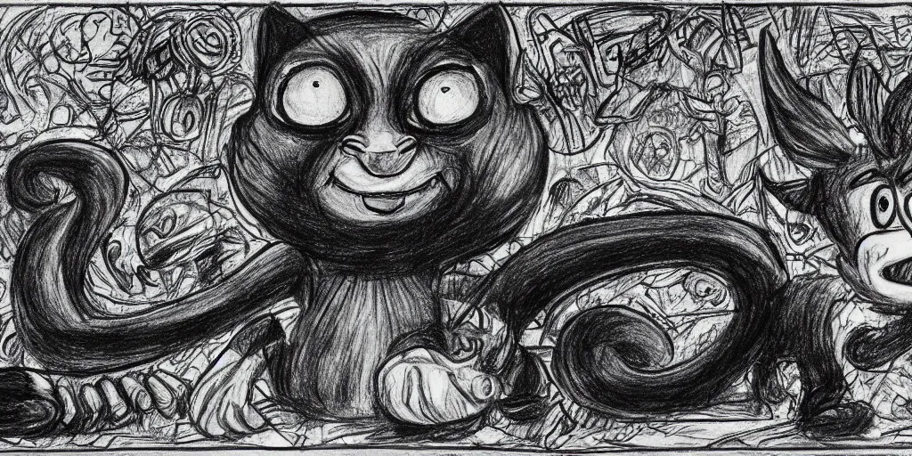 Prompt: a detailed drawing of a surprised black cat, behind a smurf and a demon, modulated line