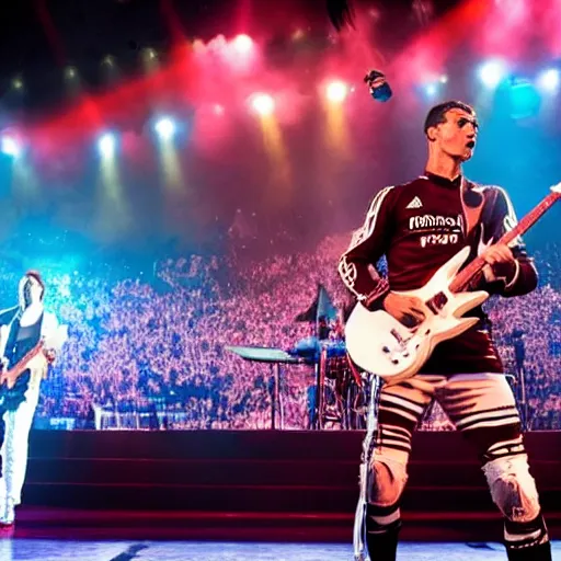 Image similar to Cristiano Ronaldo white as a rock band member performing live, Stage Photography