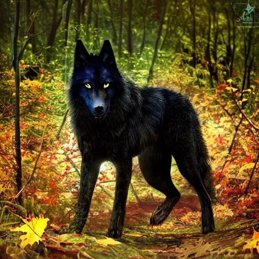 Image similar to majestic and beautiful dark wolf walking through a forest of leaves and trees photo realistic ultra details award winning realistic