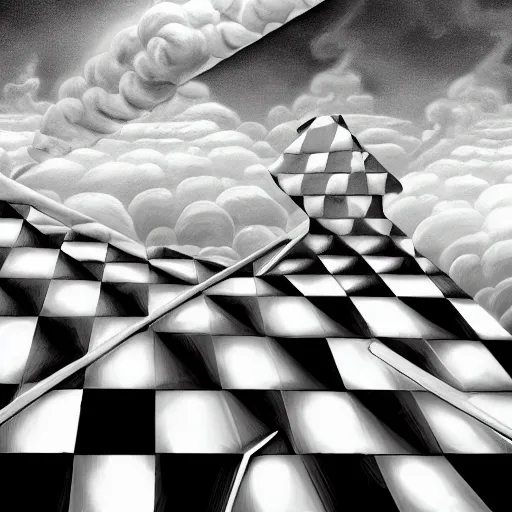 Image similar to A black and white freemasonic chequered surrealist digital painting of a stairway to into the clouds in the art style of jeff koons, Gilbert williams, Edwin Frederic Church and Christopher Balaskas, trending on artstation, 4k UHD