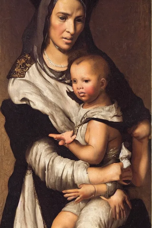 Prompt: kim kardashian as the madonna with child, painting by old dutch masters