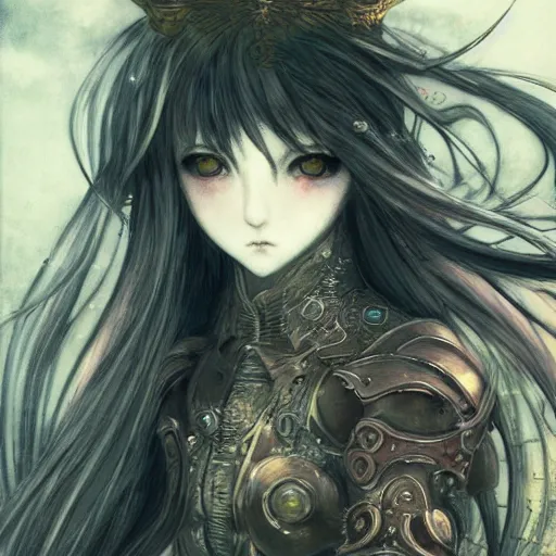 Image similar to yoshitaka amano style blurred and dreamy illustration, renaissance oil portrait, realistic anime girl with long wavy white hair fluttering in the wind and black eyes wearing elden ring style armor with engraving, highly detailed, ruins in the background, strange camera angle, three - quarter view, noisy film grain effect