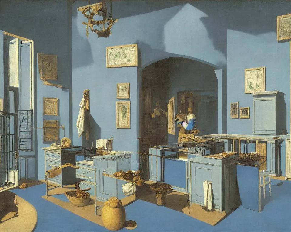 Image similar to achingly beautiful painting of a sophisticated, well - decorated kitchen on baby blue background by rene magritte, monet, and turner. giovanni battista piranesi.