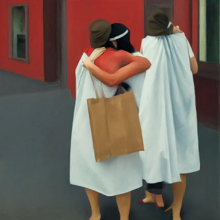 Image similar to two women hugging with a paper bag over the head dressed in plastic bags, highly detailed, artstation, art by, , edward hopper, zdislav beks