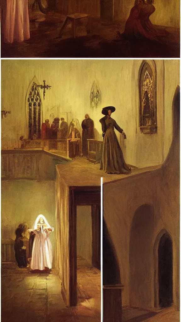 Prompt: a witch begging for her life in a church, victorian painting, by simon stalenhag, by picasso, by jean honore fragonard, by edward hopper