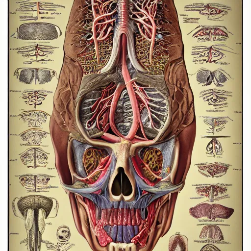 Image similar to highly detailed labeled medical anatomy poster, anatomical drawing on poster paper with notes, extra beautiful colorful full page antique lithograph of artnouveau borders and designs, muted colors, parchment paper, art print, well - lit, ray tracing, horror, eldritch abomination, hyper realistic, 8 k post - processing