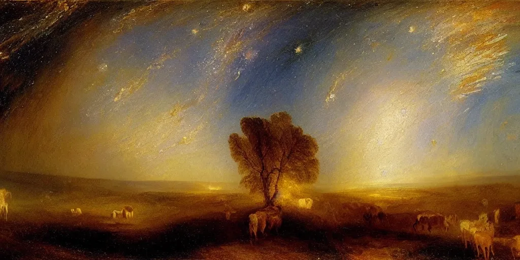 Prompt: stunning farm landscape with sky full of galaxies by j. m. w turner