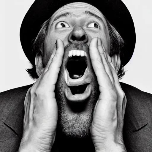 Image similar to a black and white photo of a man with his mouth open, a stock photo by john e. berninger, featured on dribble, cynical realism, criterion collection, stock photo, wimmelbilder