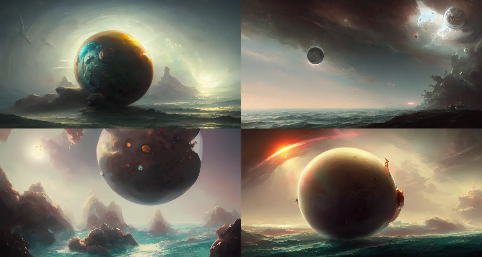 Image similar to a spherical white space stations looms over the ocean by peter mohrbacher, vivid colors, matte painting, 8K, concept art, mystical color scheme, trending on artstation