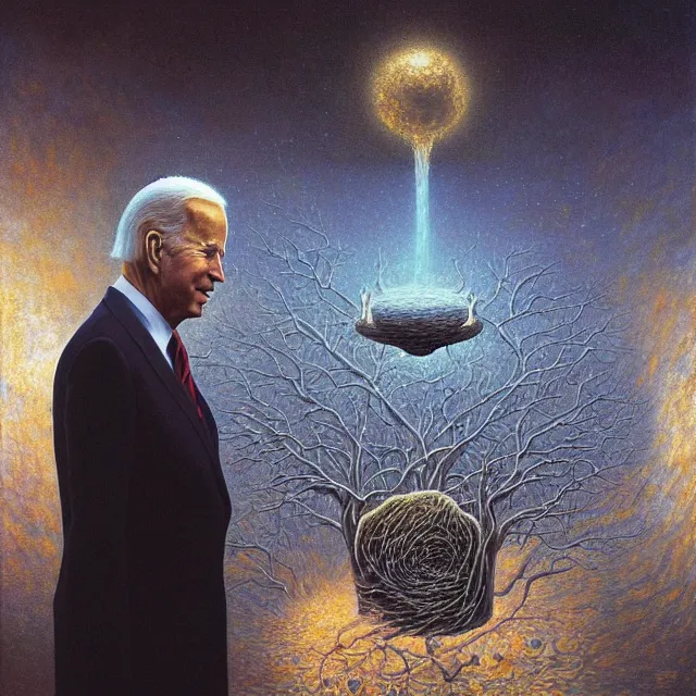 Image similar to an oil on canvas portrait painting of joe biden at the white house, surrealism, surrealist, cosmic horror, rob gonsalves, beksinski, high detail