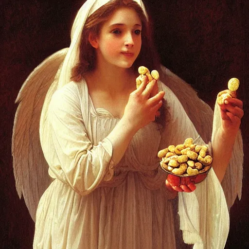 Prompt: an oil painting of an angel inside a theater eating small M&M candies, by Bouguereau, highly realistic and intricate