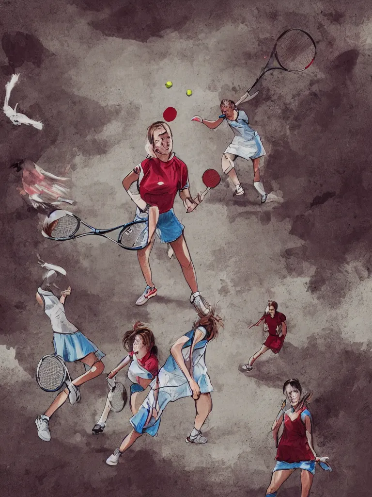 Image similar to young adult women playing tennis with a giant rabbit, blood stains on shirt, blood on tennis court, bleeding audience, illustration, traditional drawing style, dramatic mood, textured canvas, pastels, 8 k render octane high definition cgsociety