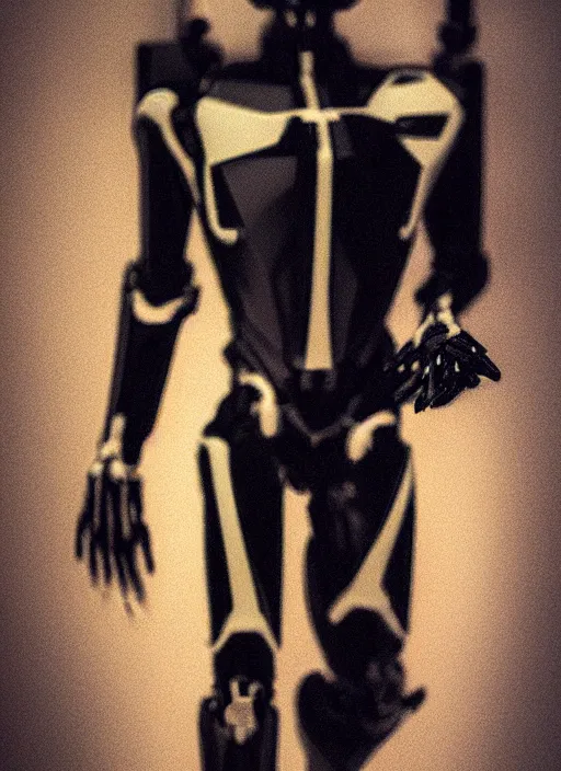 Image similar to skeletal black mecha walking down white marble hallway, Skeletal face android face one eye. mecha (carbon fiber) long limbs black panels reflective. Skeletal face android face one eye ((glowing_red_eye)) RTX On UE5 Artstation Bladerunner_2049_scene!!!!!! Cyberpunk 2077 bladerunner2049!!! bladerunner!!! Tom Bagshaw and Greg Rutkowski and Alphonse Mucha