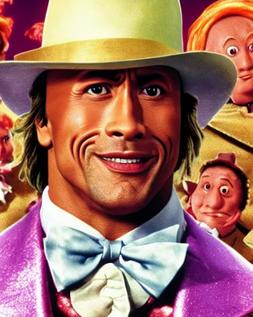 Image similar to Film still close-up shot of Dwayne Johnson as Willy Wonka from the movie Willy Wonka & The Chocolate Factory. Photographic, photography