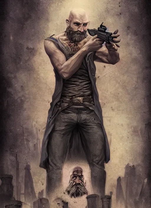 Image similar to portrait of a wizard holding a gun, the wizard has a half shaved head and tattoos, the wizard holding a pistol points downwards, the wizard holding a pistol is only one and stands in a ruined city. by Ciryl Rolando, hyperrealistic illustration, digital art, studio lightning, very detailed faces