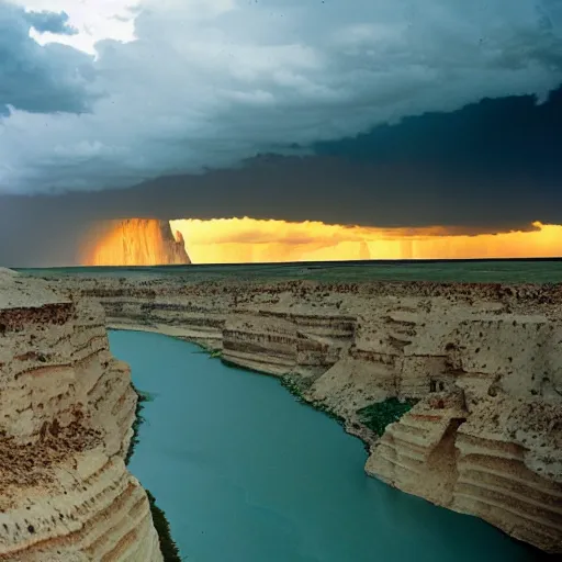 Image similar to photo of green river, wyoming cliffs during thunderstorm. the foreground and river are brightly lit by sun, and the background clouds are dark and foreboding. kodak portra 4 0 0,