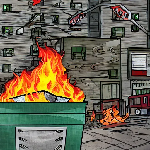 Prompt: cell shaded image of a dumpster on fire with raccoons running away