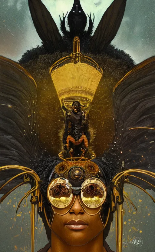 Prompt: a detailed portrait of a black mothman, wearing a golden crown, concept art, deep focus, intricate, highly detailed, digital painting, artstation, matte, sharp focus, illustration, art by greg rutkowski and alphonse mucha