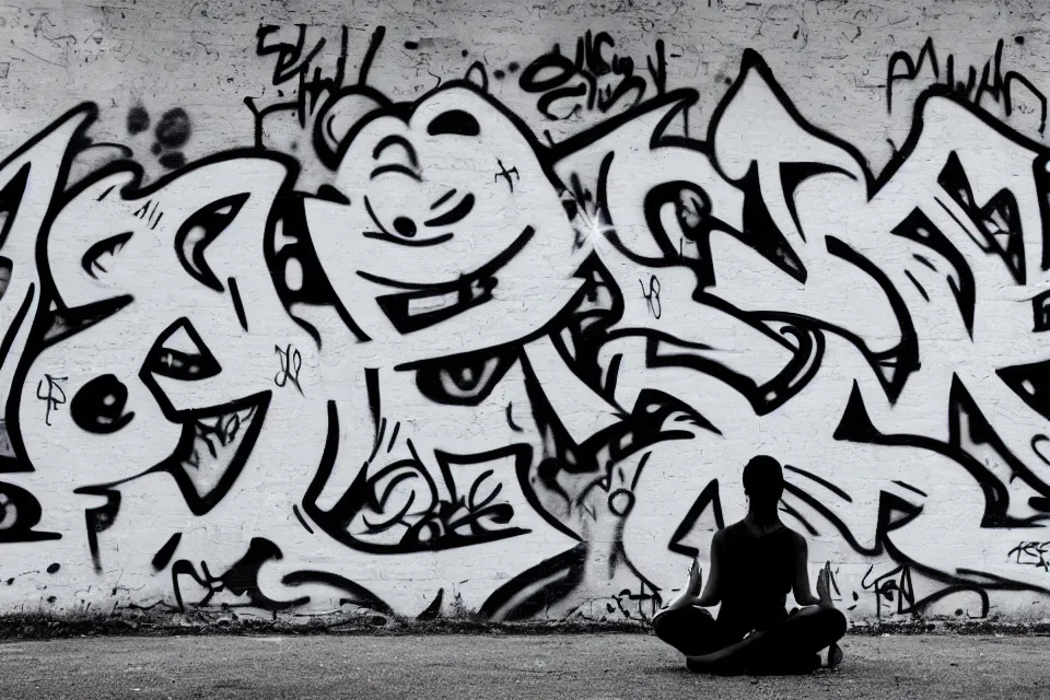 Image similar to black and white photograph of graffiti showing a person meditating
