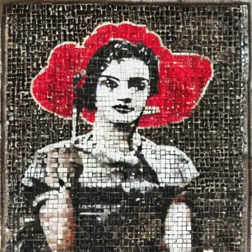 Prompt: Rosy the riveter on Roman Mosaic, by Banksy